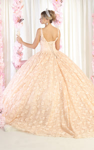 LA Merchandise LA168 Floral Applique V-Neck Corset Quinceanera Ball Gown - - LA Merchandise
