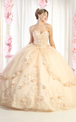 LA Merchandise LA177 Strapless Corset Floral Quinceanera Ball Gown - CHAMPAGNE - LA Merchandise