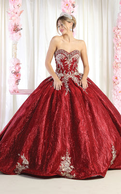 LA Merchandise LA179 Embroidered Strapless Corset Quinceanera Ball Gown - BURGUNDY GOLD - LA Merchandise