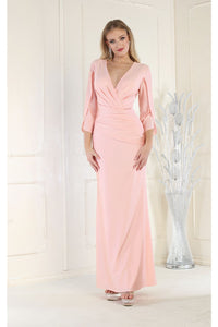 LA Merchandise LA1831 3/4 Sleeve V-Neck Ruched Sheath Formal Gown - BLUSH - LA Merchandise