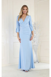 LA Merchandise LA1831 3/4 Sleeve V-Neck Ruched Sheath Formal Gown - DUSTY BLUE - LA Merchandise