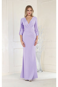 LA Merchandise LA1831 3/4 Sleeve V-Neck Ruched Sheath Formal Gown - LILAC - LA Merchandise