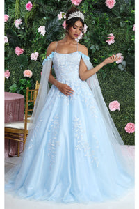 LA Merchandise LA191 Cape Sleeves Embroidered Ball Quince Dress - BABY BLUE - Dress LA Merchandise