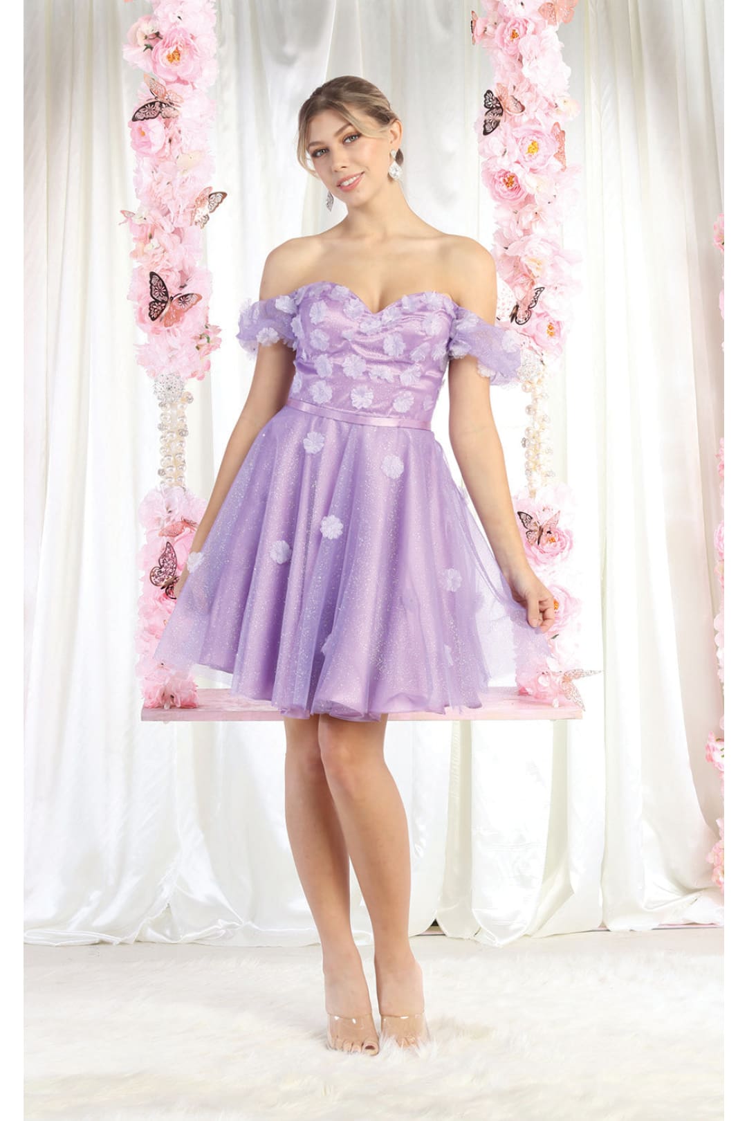 LA Merchandise LA1934 Off Shoulder 3D Floral Homecoming Dress - LILAC - LA Merchandise