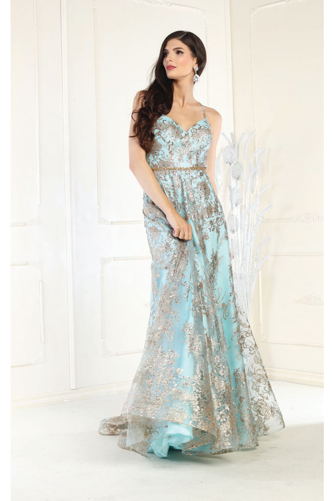 LA Merchandise LA1951 Glitter Sexy Prom Gown - AQUA GOLD - LA Merchandise