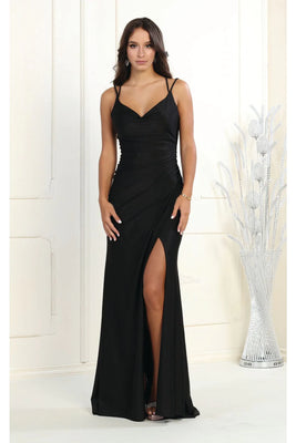 LA Merchandise LA1956 Simple Stretchy Long Strappy V-Neck Prom Gown - BLACK - LA Merchandise
