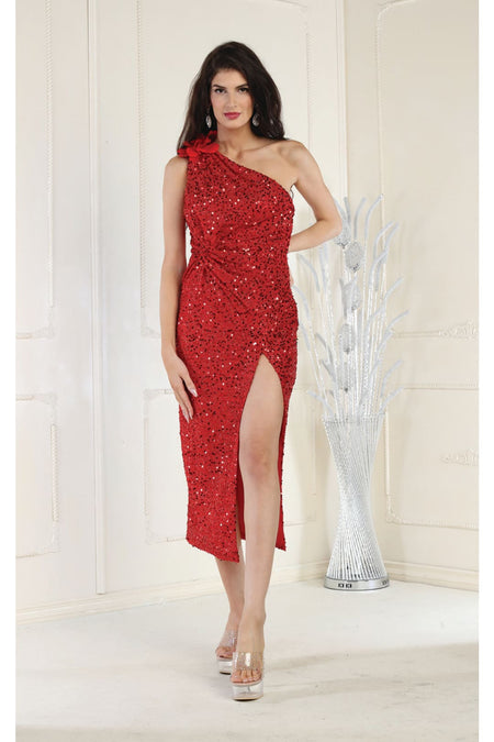 LA Merchandise LA1967 Wholesale High Slit Tea Length Sequined Dress - RED - LA Merchandise
