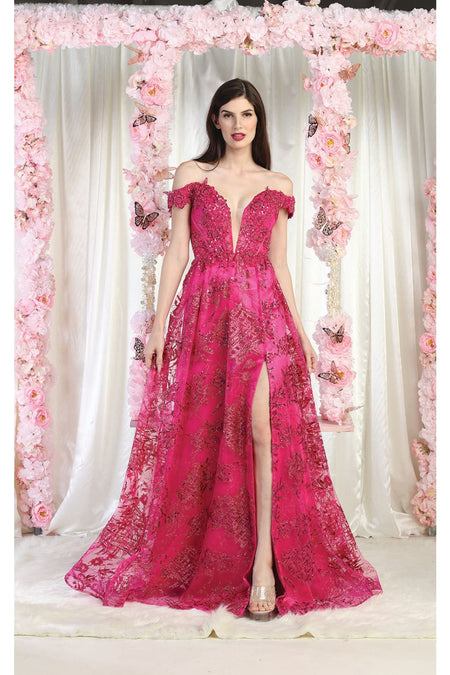 LA Merchandise LA1975 Glitter Corset Bone Formal A-line Gown - FUCHSIA - LA Merchandise