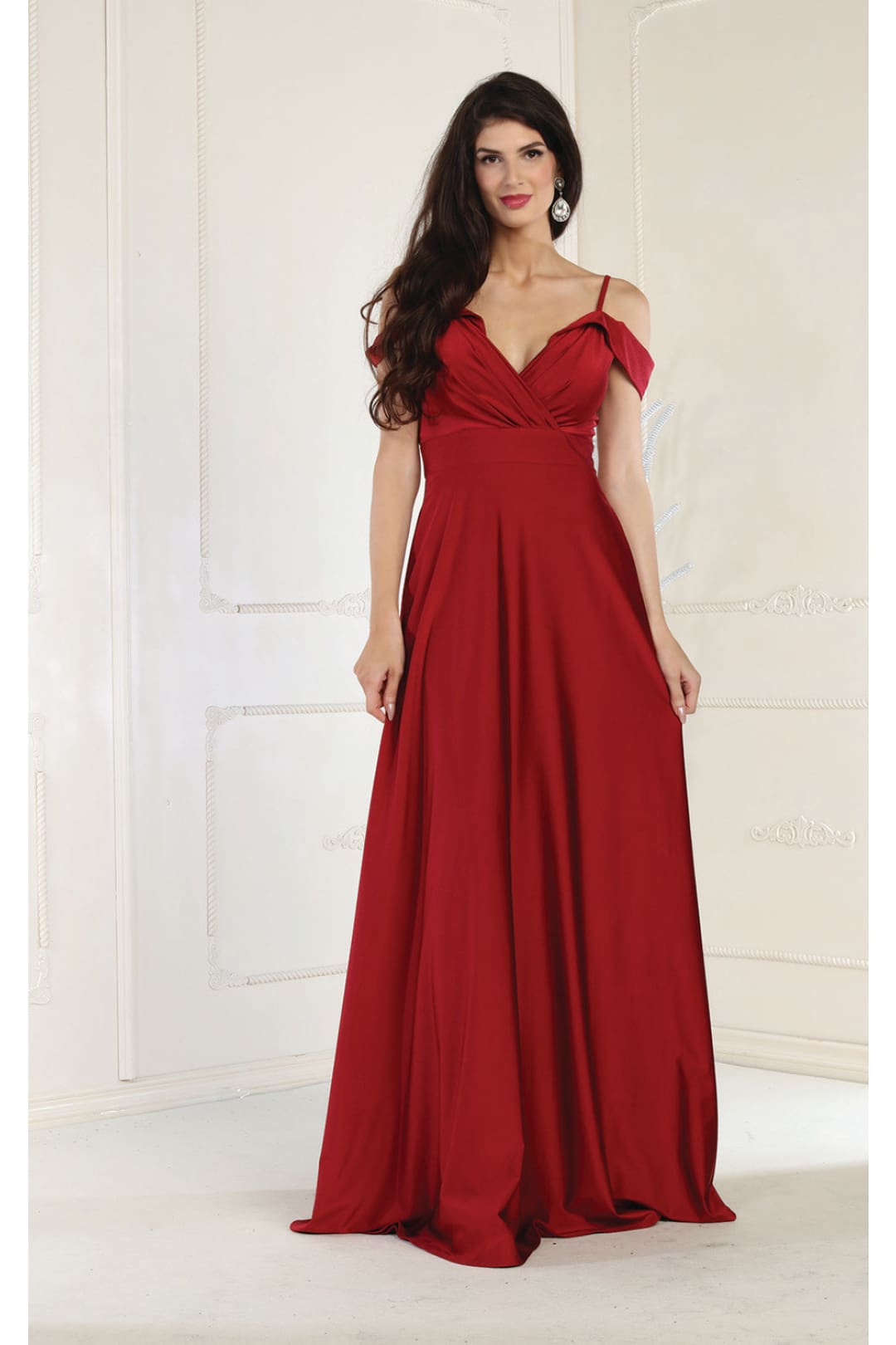 LA Merchandise LA1988 V-Neck Cold Shoulder Ruched A-Line Bridesmaid Gown - BURGUNDY - Dress LA Merchandise