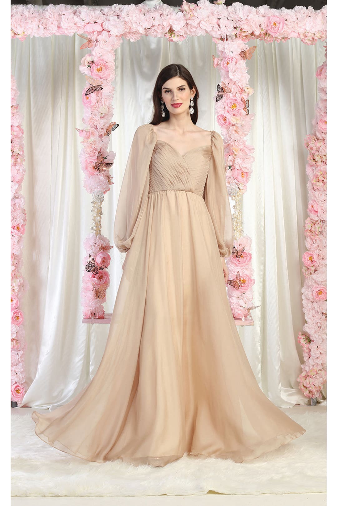 LA Merchandise LA1990 Long Sleeve Formal Evening Gown - CHAMPAGNE - LA Merchandise