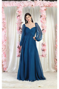 LA Merchandise LA1990 Long Sleeve Formal Evening Gown - TEAL BLUE - LA Merchandise