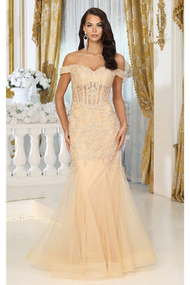 LA Merchandise LA1995 Off Shoulder Lace Applique Mermaid Prom Dress - GOLD - Dress LA Merchandise