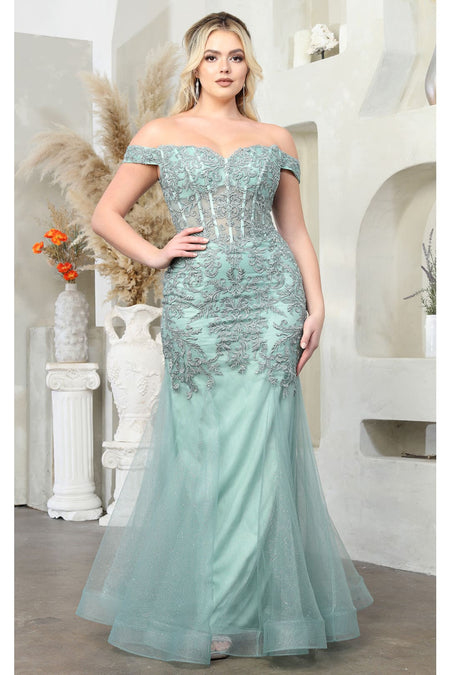 LA Merchandise LA1995 Off Shoulder Lace Applique Mermaid Prom Dress - SAGE - Dress LA Merchandise