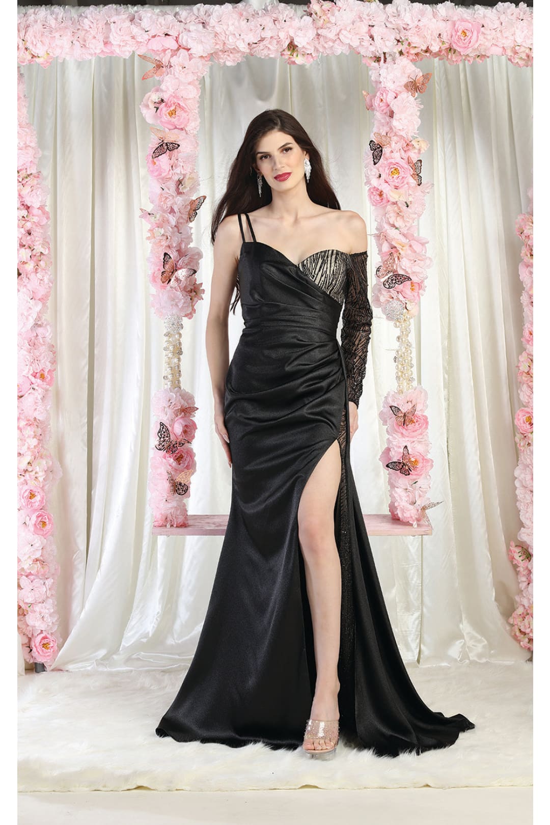 LA Merchandise LA2003 One Off Shoulder Long Sleeve Formal Evening Gown - BLACK - Dress LA Merchandise