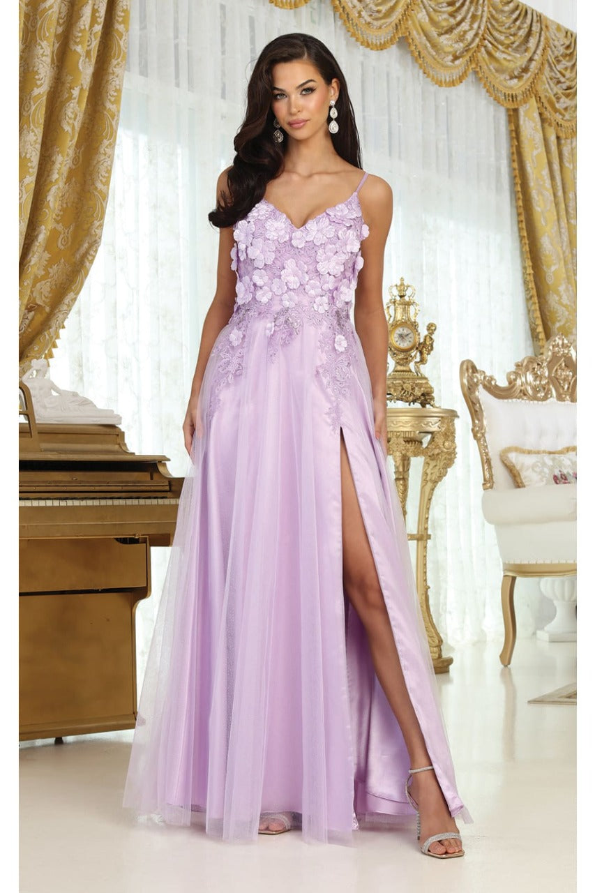 LA Merchandise LA2016 Sleeveless V-neck Glitter 3D Floral Prom Gown - LILAC - Dress LA Merchandise