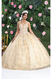 LA Merchandise LA201 Halter Floral Corset Back Ball Quinceanera Gown - CHAMPAGNE GOLD - Dress LA Merchandise