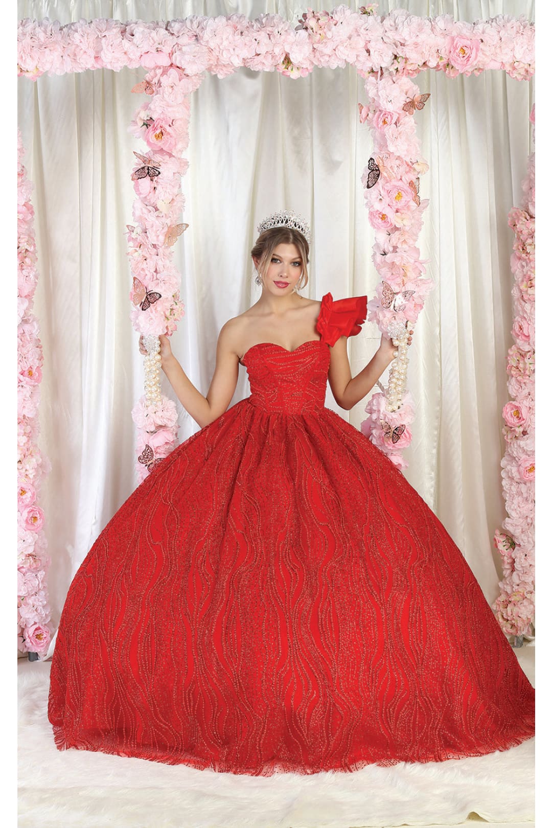 LA Merchandise LA203 Red Carpet One Shoulder Glitter Corset Ball Gown - RED - LA Merchandise