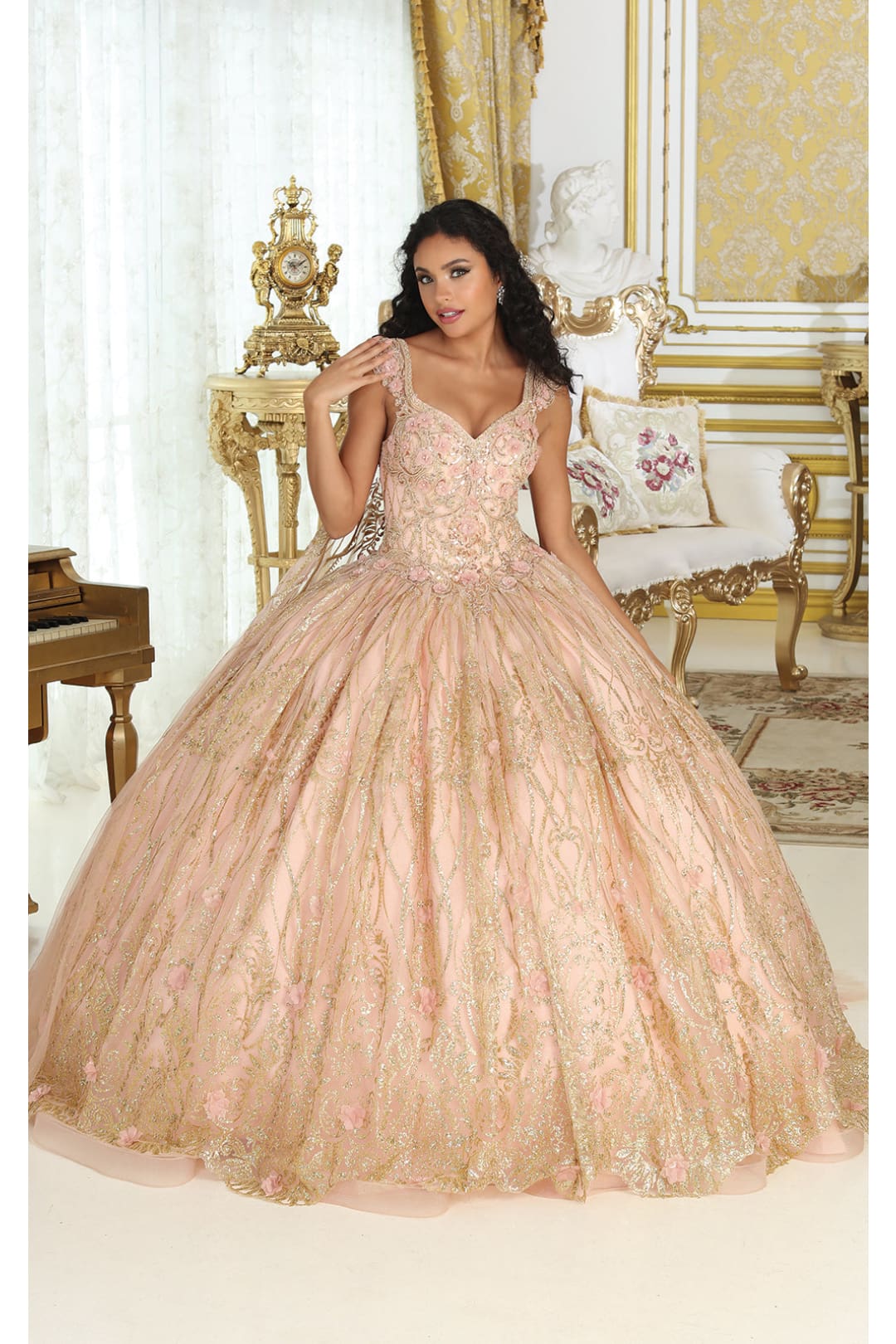 LA Merchandise LA207 3D Floral Applique Train Glitter Quince Gown - ROSE GOLD - Dress LA Merchandise