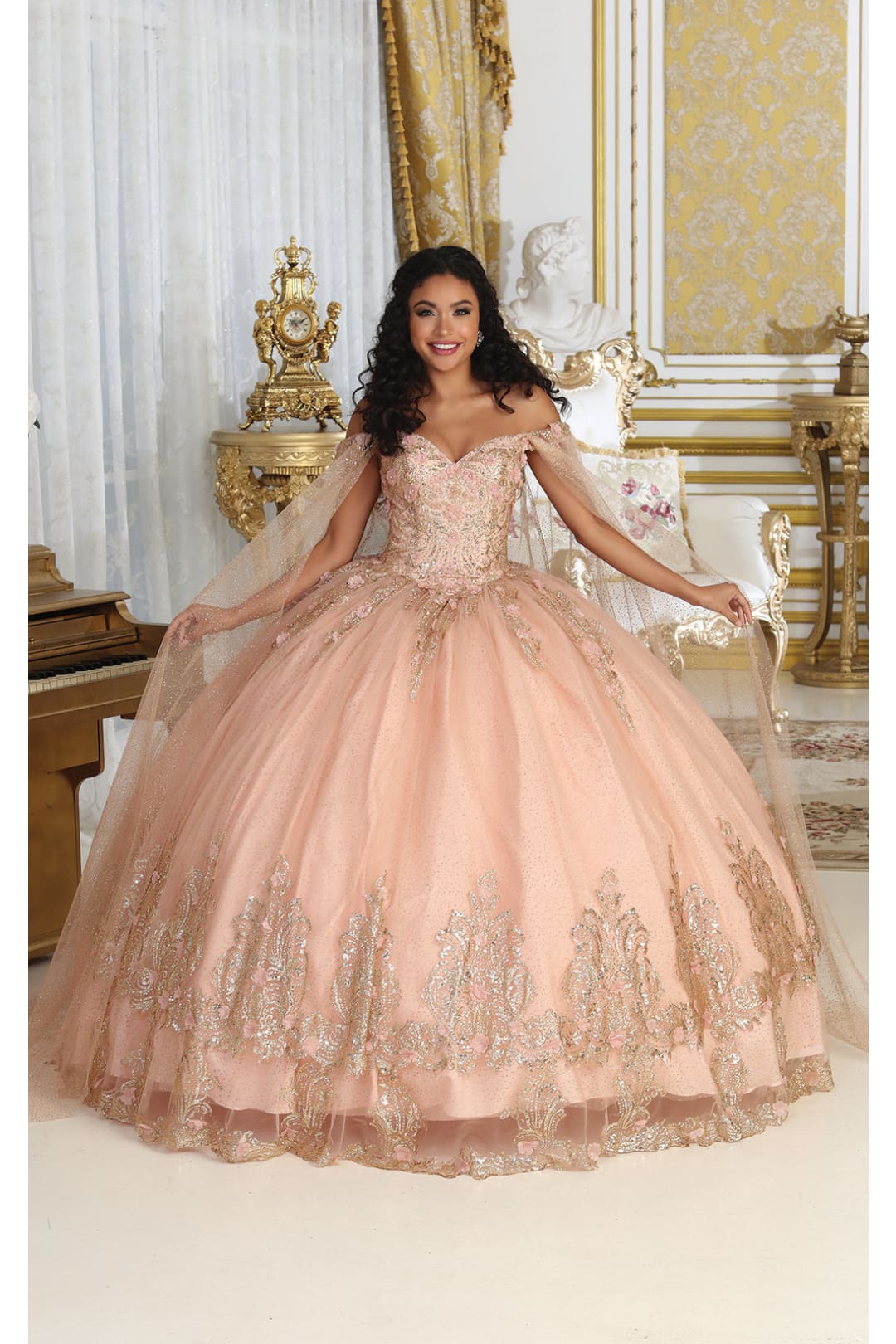 LA Merchandise LA211 Off Shoulder 3D Floral Applique Corset Quince Ball Gown - ROSE GOLD - Dress LA Merchandise