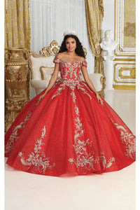 LA Merchandise LA219 Lace Applique Off Shoulder Quinceanera Gown - RED GOLD - Dress LA Merchandise