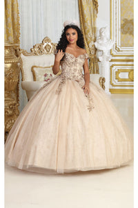 LA Merchandise LA222 3D Floral Applique Champagne Quinceanera Gown - CHAMPAGNE - Dress LA Merchandise