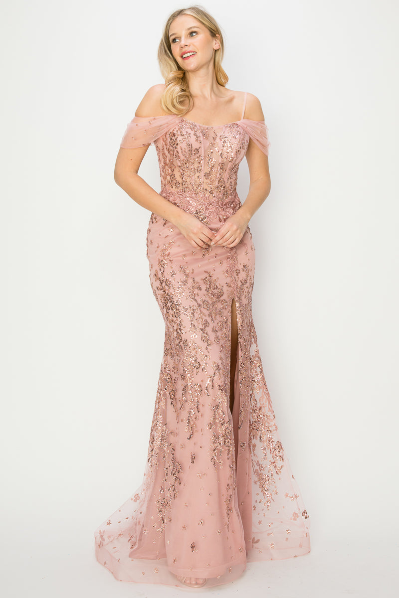 LA Merchandise LA2CP3100 Sexy Cold Shoulder Evening Gown - DUSTY PINK - LA Merchandise