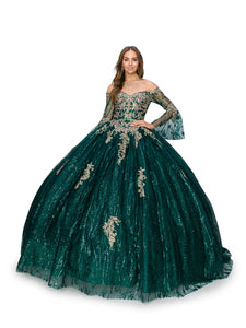 LA Merchandise LA2CP3502 Off Shoulder Bell Sleeve Ball Gown - HUNTER GREEN - LA Merchandise