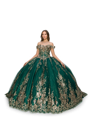 LA Merchandise LA2CP3504 Off The Shoulder Train Ball Gown - EMERALD GOLD - LA Merchandise