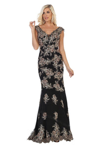 LA Merchandise LA7629 Cap Sleeve Floral Embroidered Mermaid Dress - BLACK - LA Merchandise