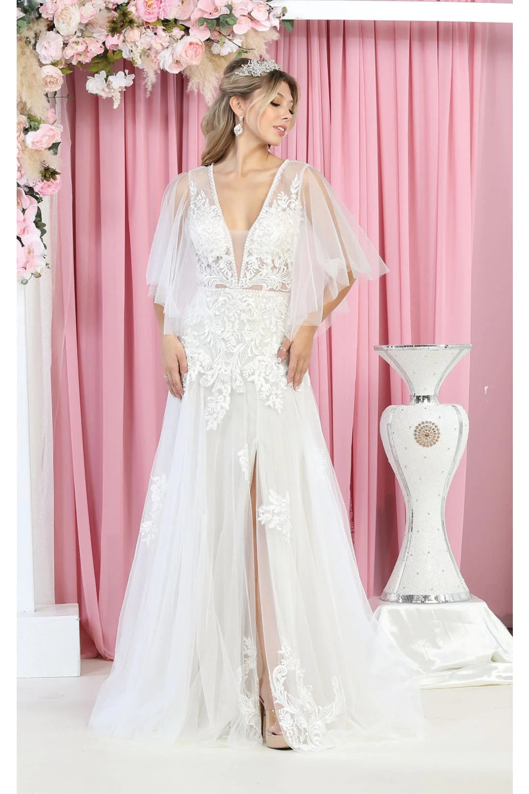 LA Merchandise LA7922 Embroidered A-Line V-Neckline Bridal Gown Ivory - IVORY NUDE - Dress LA Merchandise