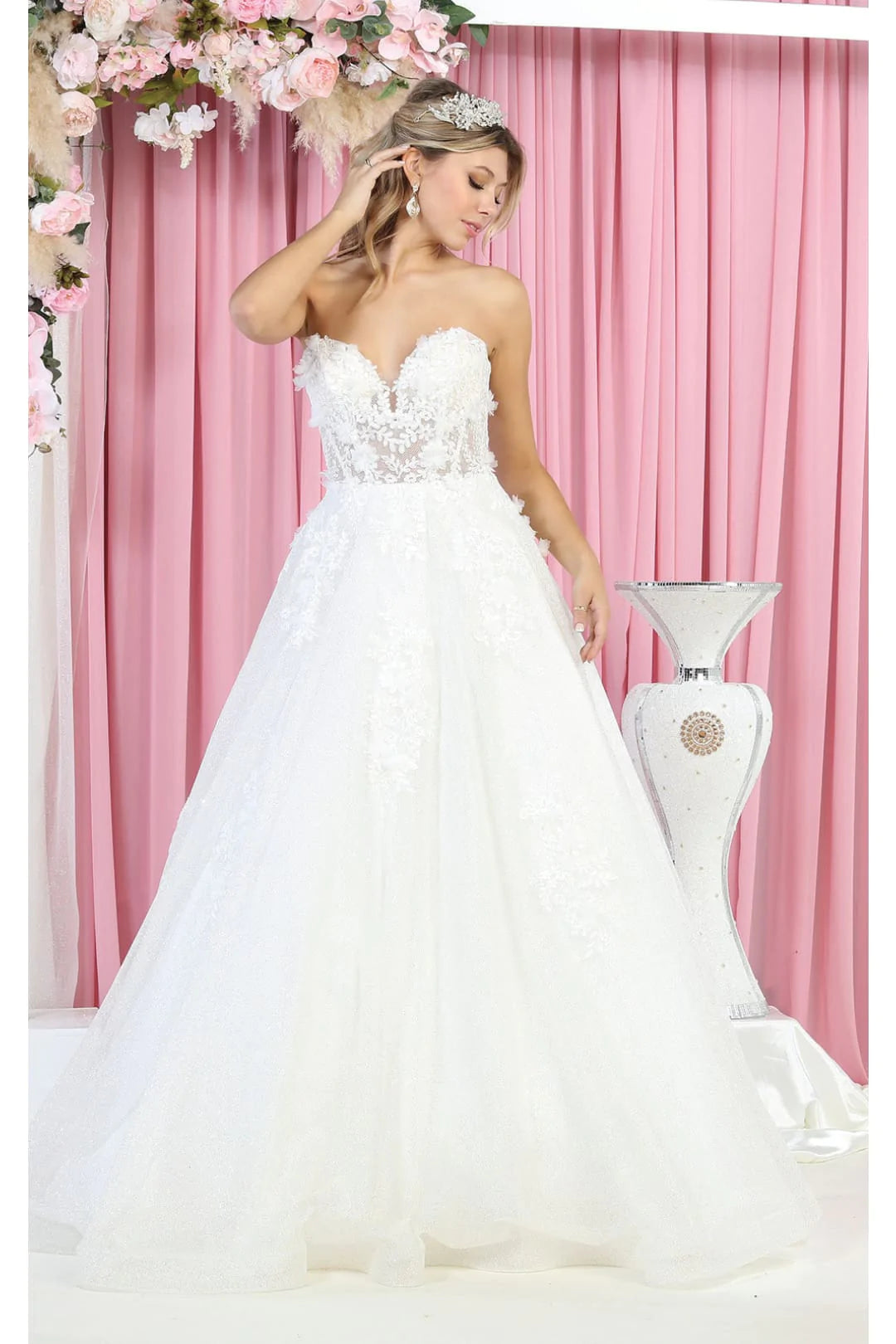 LA Merchandise LA7938 Strapless Sweetheart 3- D Floral Wedding Gown - IVORY - Dress LA Merchandise