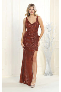 LA Merchandise LA7944 High Low V-Neck Sequin Holiday Party Dress - RUST - Dress LA Merchandise