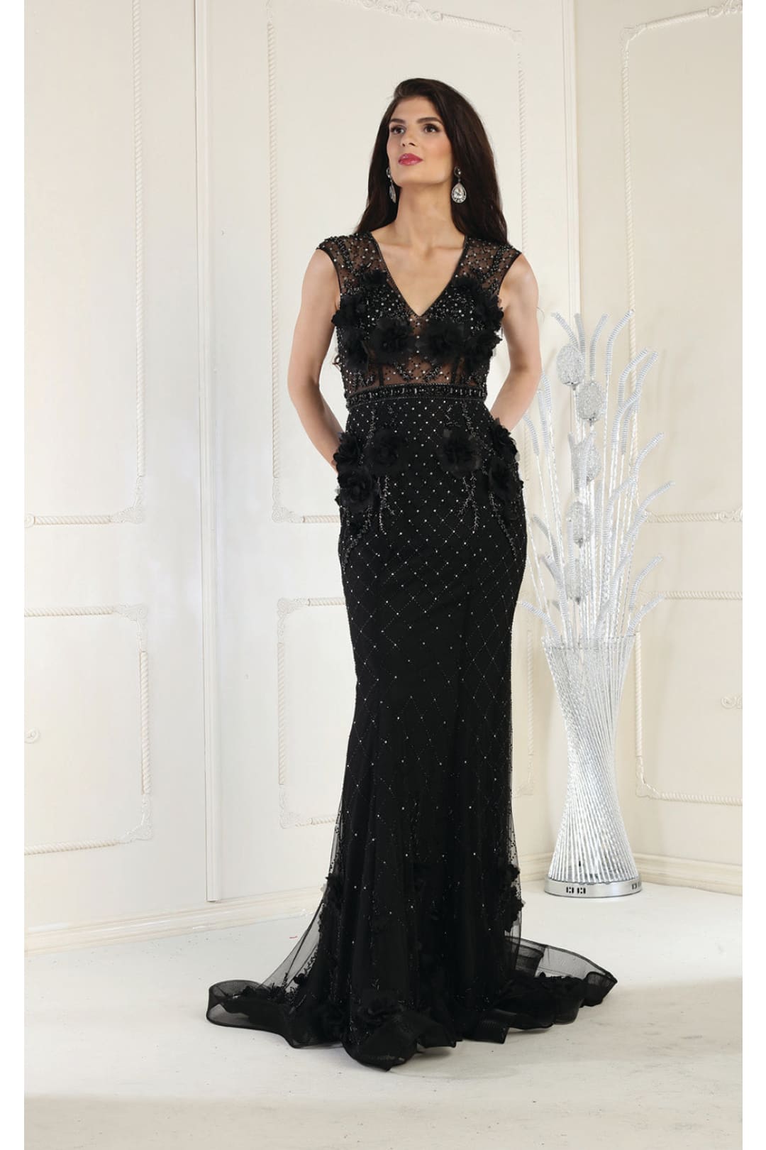 LA Merchandise LA7951 3D Floral Prom Evening Gown - BLACK - Dress LA Merchandise