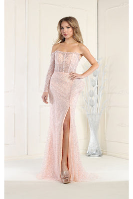 LA Merchandise LA7954 Sheer Boned Bodice Beaded Prom Evening Gown - BLUSH - Dress LA Merchandise