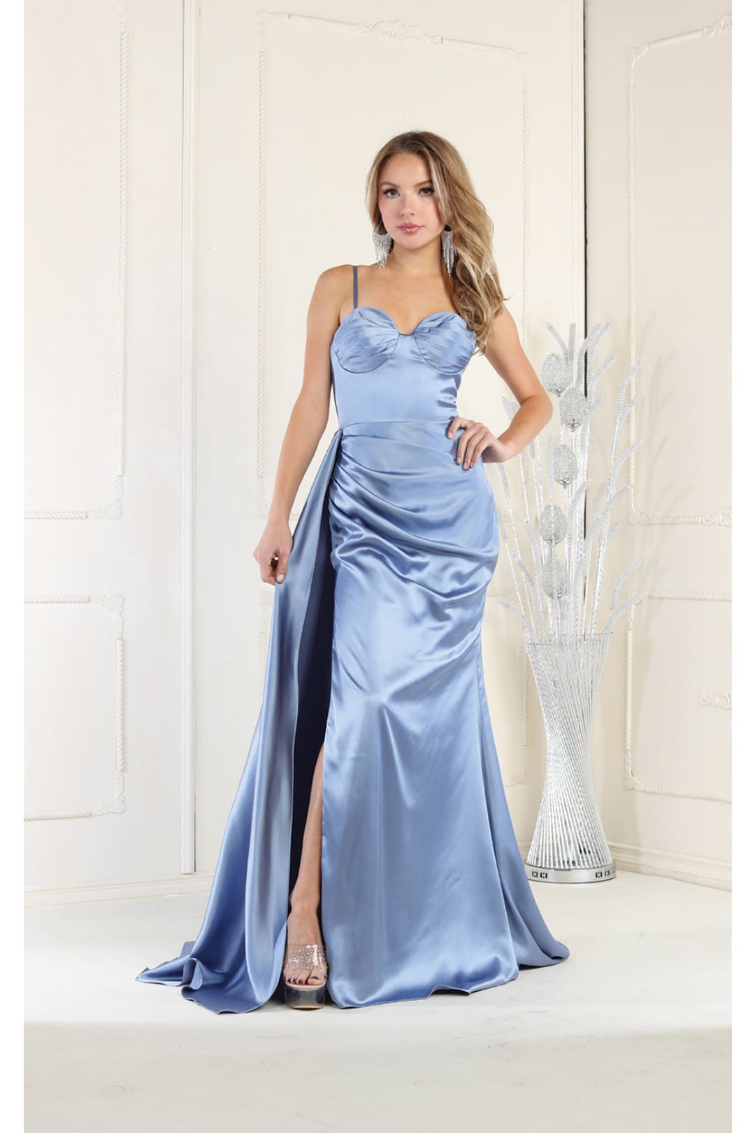 LA Merchandise LA7960 Spaghetti Strap Sweetheart Long Formal Satin Dress - DUSTY BLUE - Dress LA Merchandise
