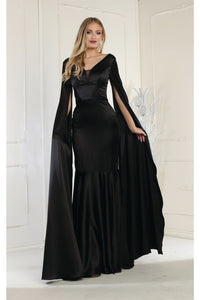 LA Merchandise LA7961 Cape Sleeve V-Neck Mermaid Formal Dress - BLACK - LA Merchandise