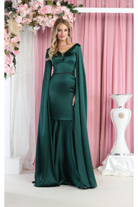 LA Merchandise LA7961 Cape Sleeve V-Neck Mermaid Formal Dress - HUNTER GREEN - LA Merchandise
