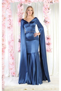 LA Merchandise LA7961 Cape Sleeve V-Neck Mermaid Formal Dress - MIDNIGTH BLUE - LA Merchandise