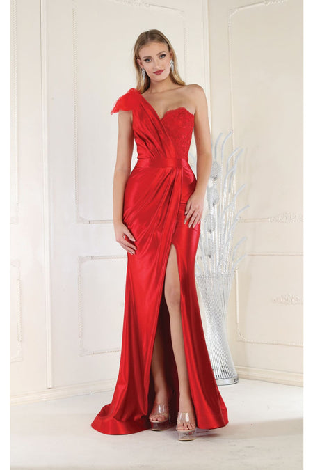 LA Merchandise LA7962 Pleated Satin One Shoulder Formal Evening Dress - RED - Dress LA Merchandise
