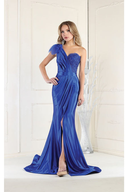 LA Merchandise LA7962 Pleated Satin One Shoulder Formal Evening Dress - ROYAL BLUE - Dress LA Merchandise