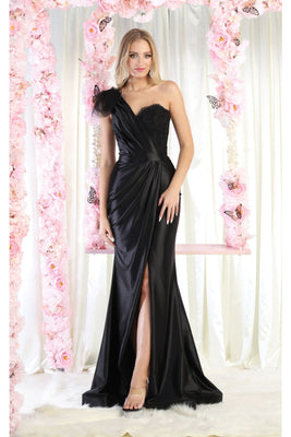 LA Merchandise LA7962 Pleated Satin One Shoulder Formal Evening Dress - BLACK - Dress LA Merchandise