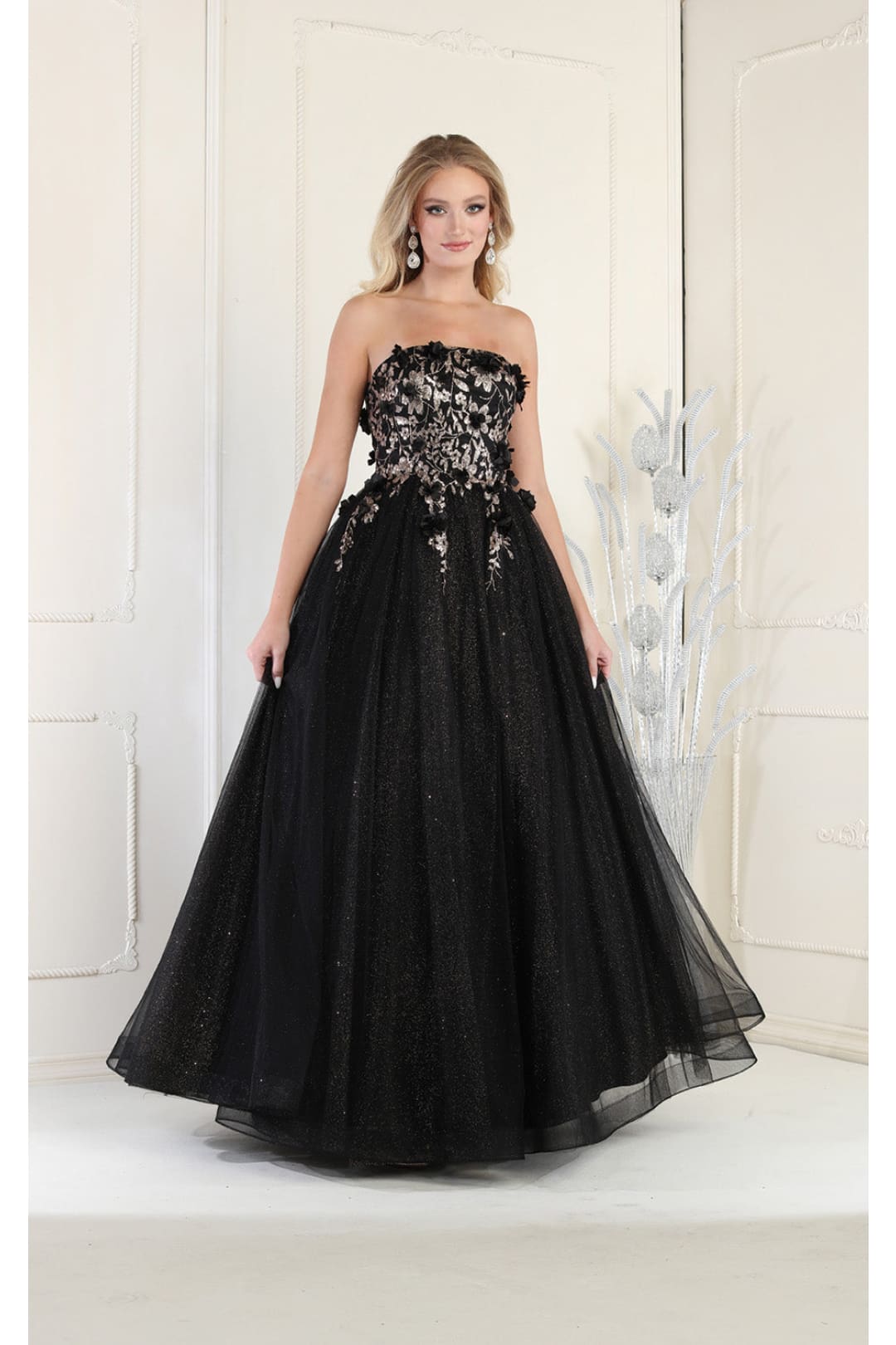 LA Merchandise LA7968 3D Floral Strapless Corset Long Evening Gown - BLACK GOLD - Dress LA Merchandise