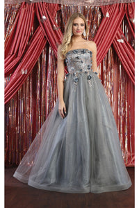 LA Merchandise LA7968 3D Floral Strapless Corset Long Evening Gown - CHARCOAL GOLD - Dress LA Merchandise