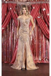 LA Merchandise LA7969 Off Shoulder Beaded Long Dress - ROSE GOLD - Dress LA Merchandise