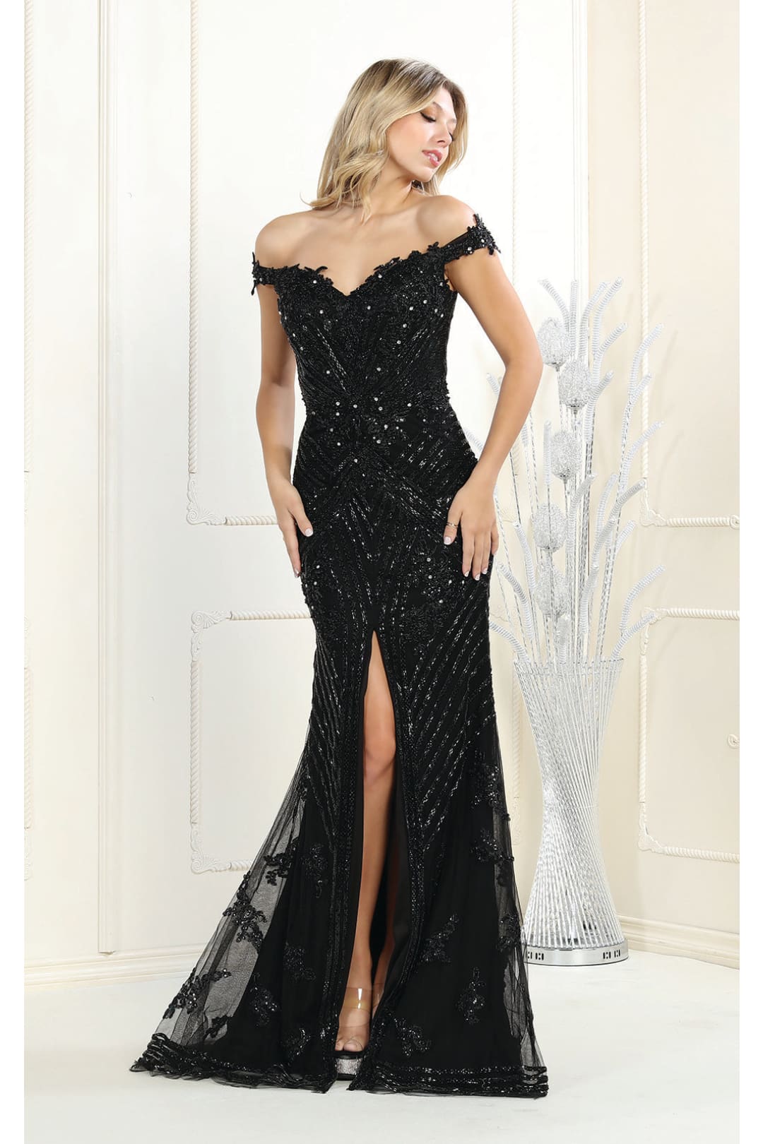 LA Merchandise LA7969 Off Shoulder Beaded Long Dress - BLACK - Dress LA Merchandise