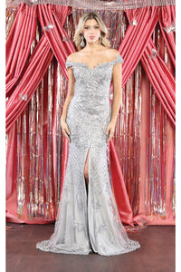 LA Merchandise LA7969 Off Shoulder Beaded Long Dress - SILVER - Dress LA Merchandise