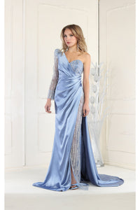 LA Merchandise LA7980 One Shoulder Embellished Satin Formal Prom Gown - DUSTY BLUE - Dress LA Merchandise