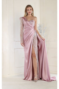 LA Merchandise LA7980 One Shoulder Embellished Satin Formal Prom Gown - DUSTY ROSE - Dress LA Merchandise
