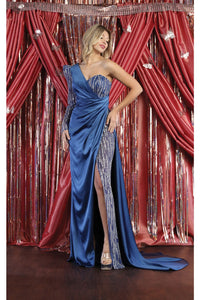 LA Merchandise LA7980 One Shoulder Embellished Satin Formal Prom Gown - TEAL BLUE - Dress LA Merchandise