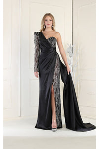 LA Merchandise LA7980 One Shoulder Embellished Satin Formal Prom Gown - BLACK - Dress LA Merchandise